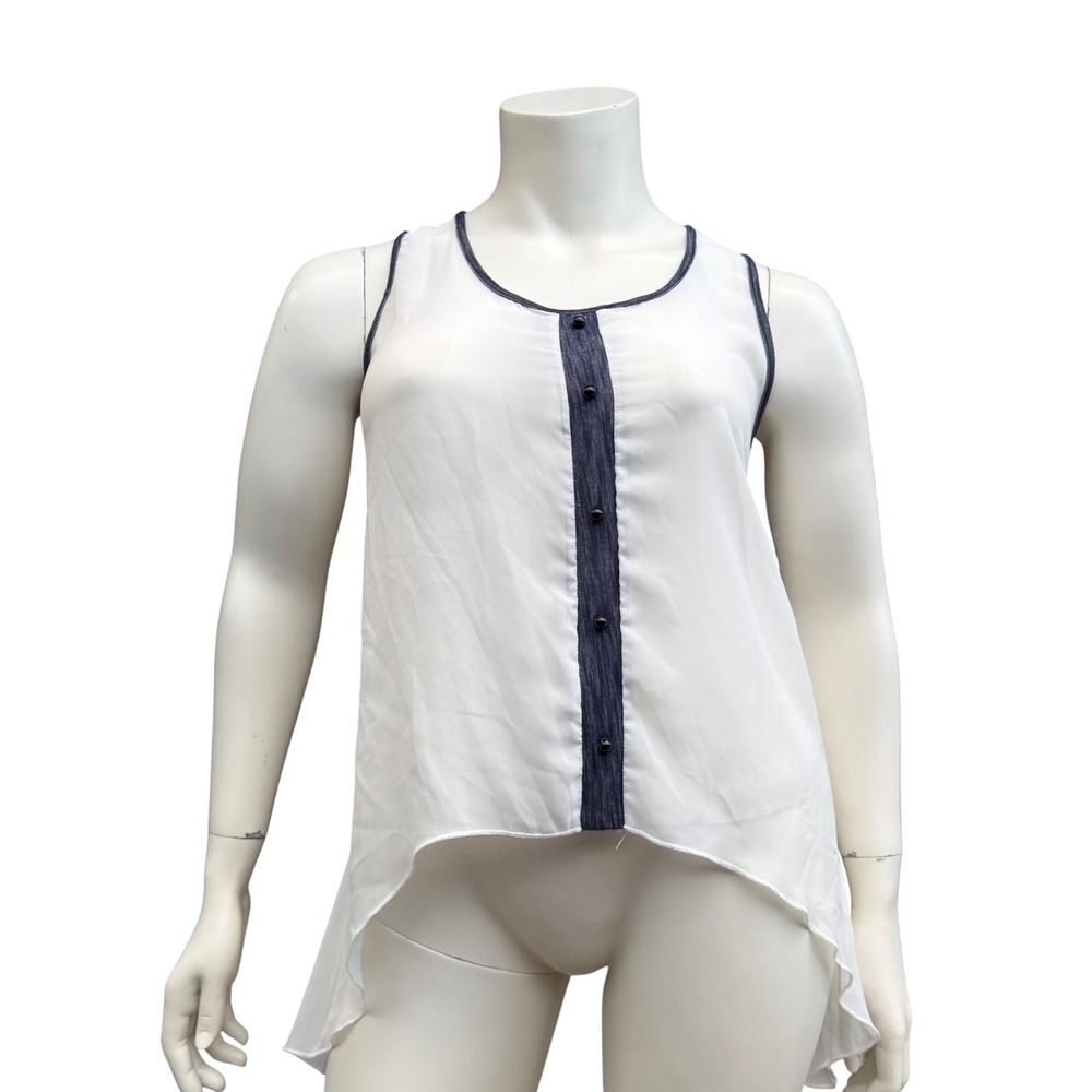 UK2LA Sheer White Blouse Navy‎ Trim Buttons Round Neck Sleeveless High Low Y2K L